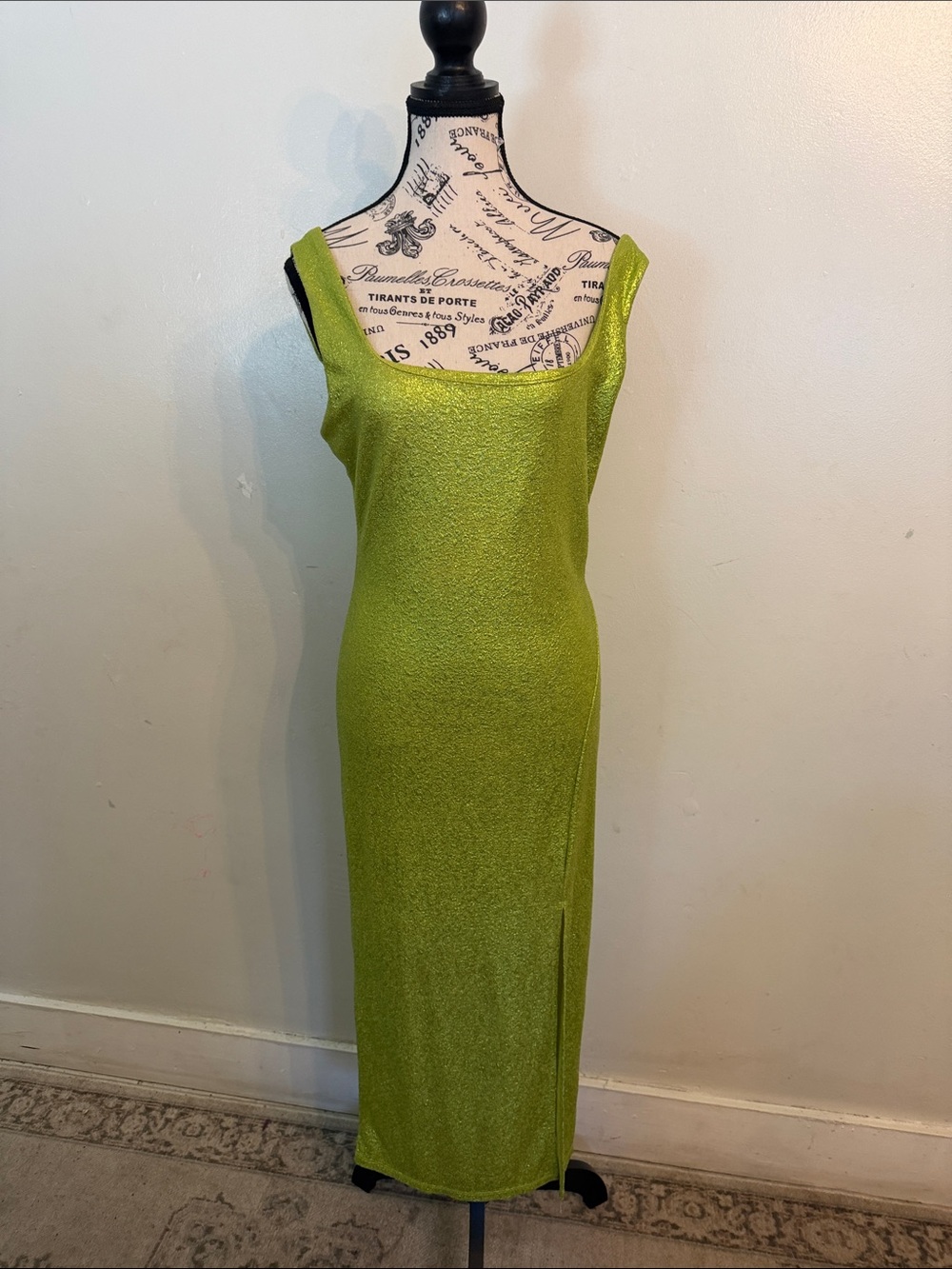 Haute Monde Shimmer Lime Green Sleeveless Midi Bodycon Dress Side Slit L